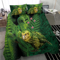 New Zealand Kākāpō Bedding Set Silver Fern with Close up of Green Fern Leaves and Maori Tattoo