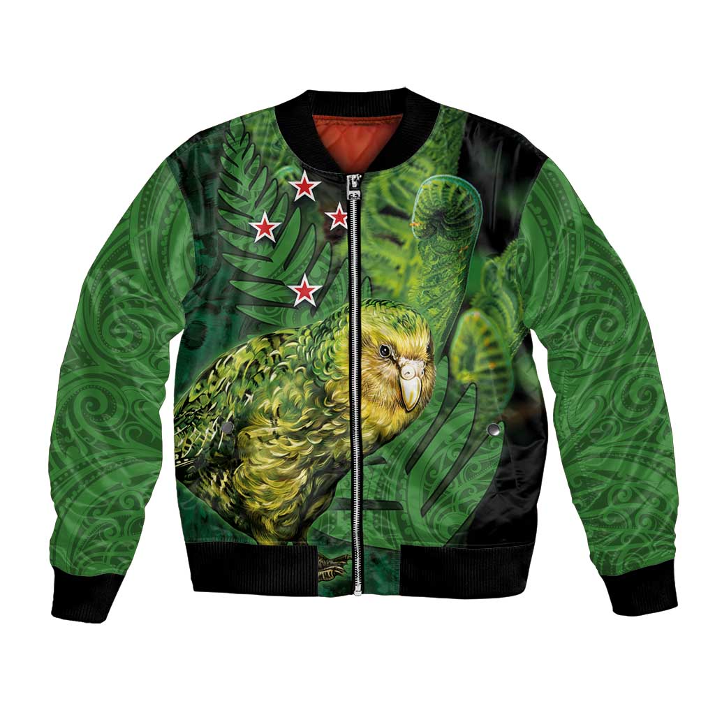 New Zealand Kākāpō Bomber Jacket Silver Fern with Close up of Green Fern Leaves and Maori Tattoo