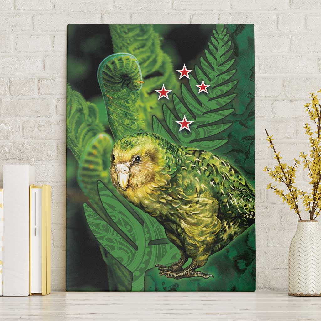 New Zealand Kākāpō Canvas Wall Art Silver Fern with Close up of Green Fern Leaves and Maori Tattoo