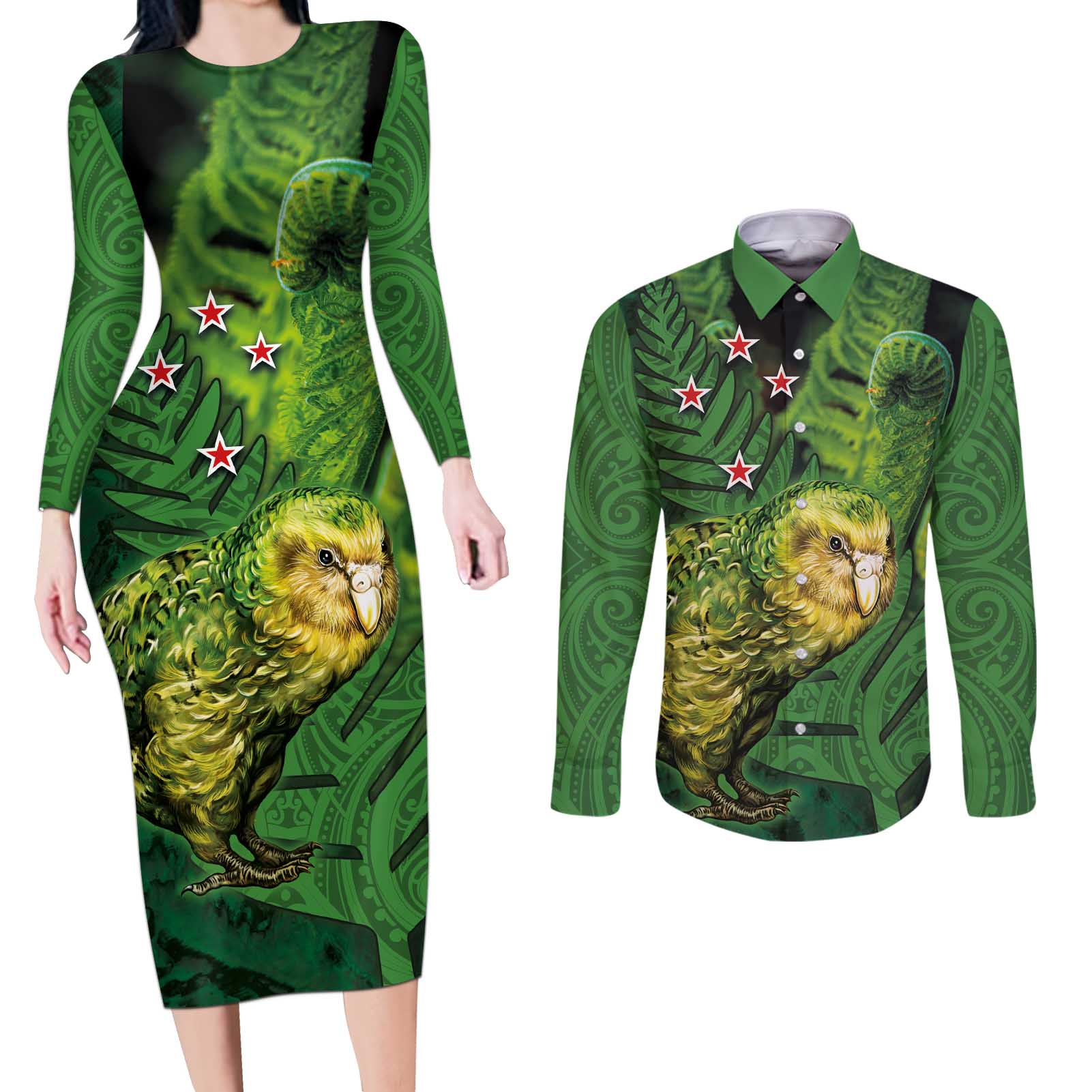 New Zealand Kākāpō Couples Matching Long Sleeve Bodycon Dress and Long Sleeve Button Shirt Silver Fern with Close up of Green Fern Leaves and Maori Tattoo