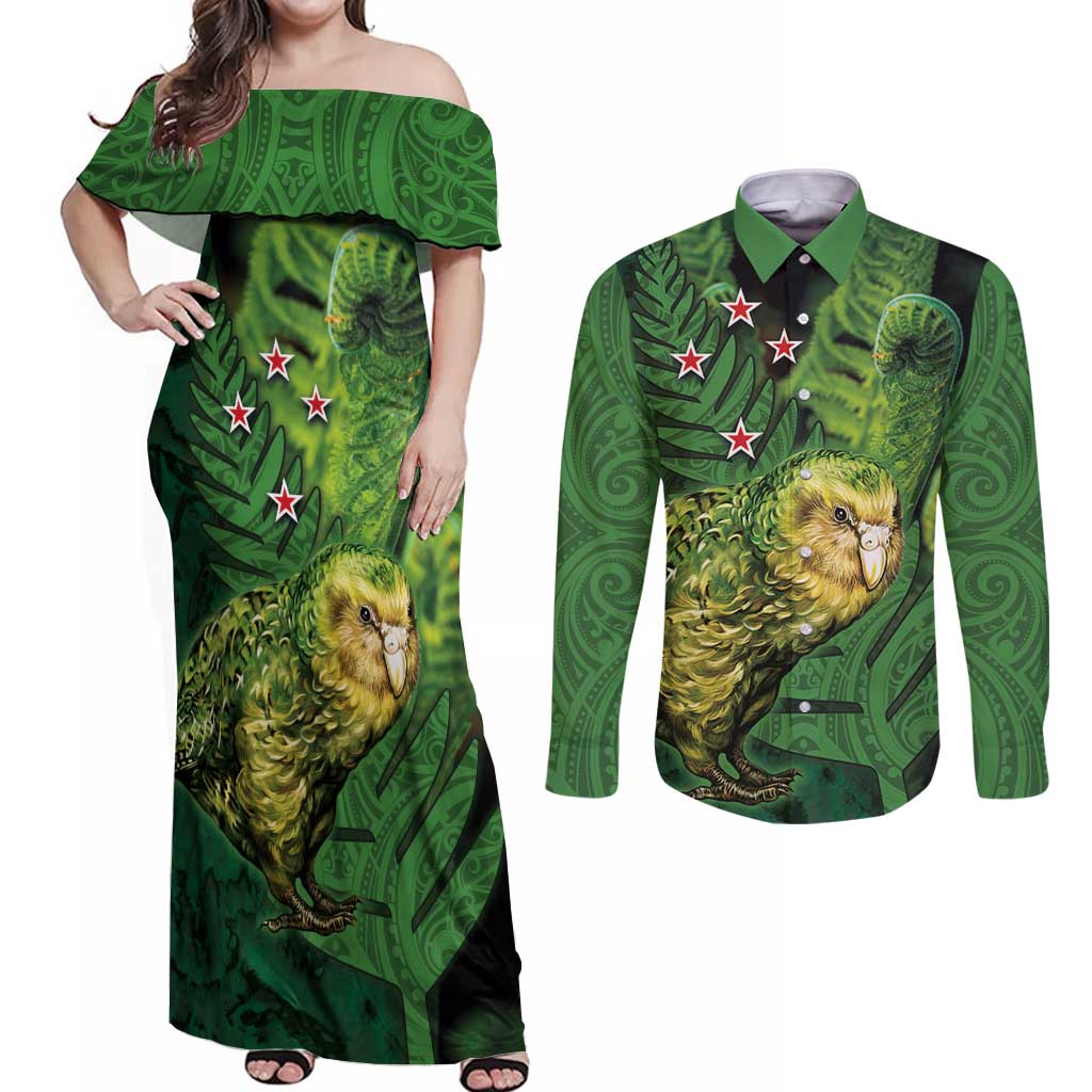 New Zealand Kākāpō Couples Matching Off Shoulder Maxi Dress and Long Sleeve Button Shirt Silver Fern with Close up of Green Fern Leaves and Maori Tattoo