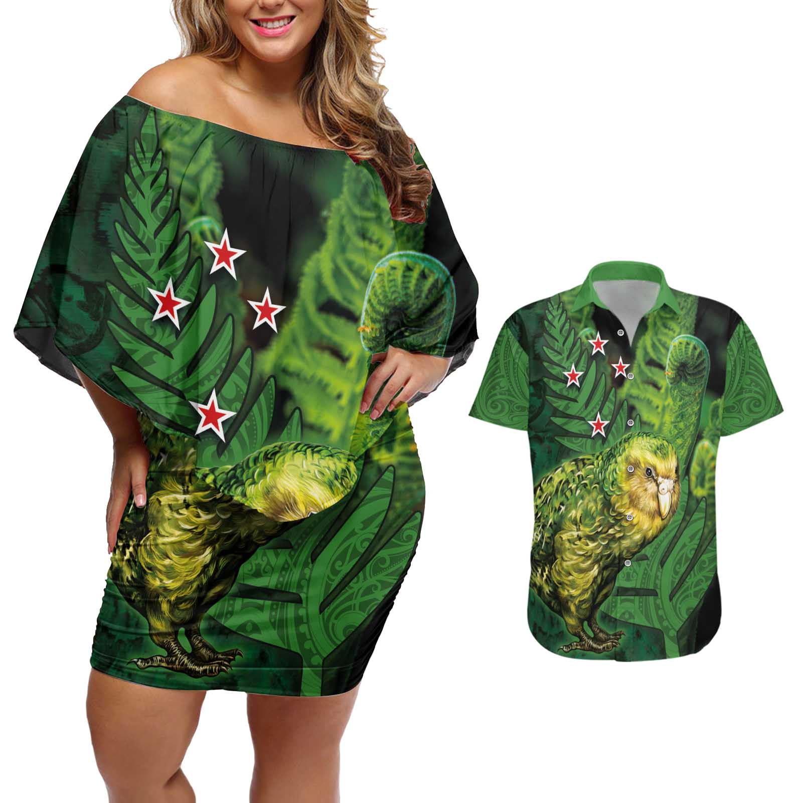 New Zealand Kākāpō Couples Matching Off Shoulder Short Dress and Hawaiian Shirt Silver Fern with Close up of Green Fern Leaves and Maori Tattoo