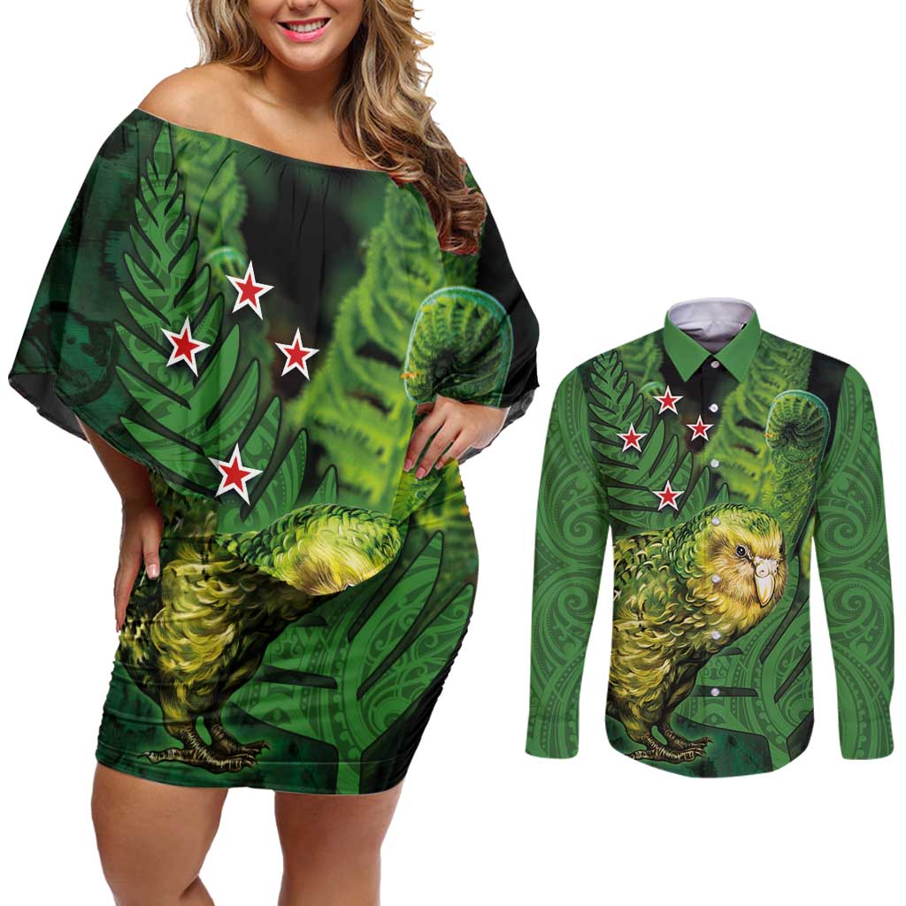 New Zealand Kākāpō Couples Matching Off Shoulder Short Dress and Long Sleeve Button Shirt Silver Fern with Close up of Green Fern Leaves and Maori Tattoo