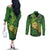 New Zealand Kākāpō Couples Matching Off The Shoulder Long Sleeve Dress and Long Sleeve Button Shirt Silver Fern with Close up of Green Fern Leaves and Maori Tattoo