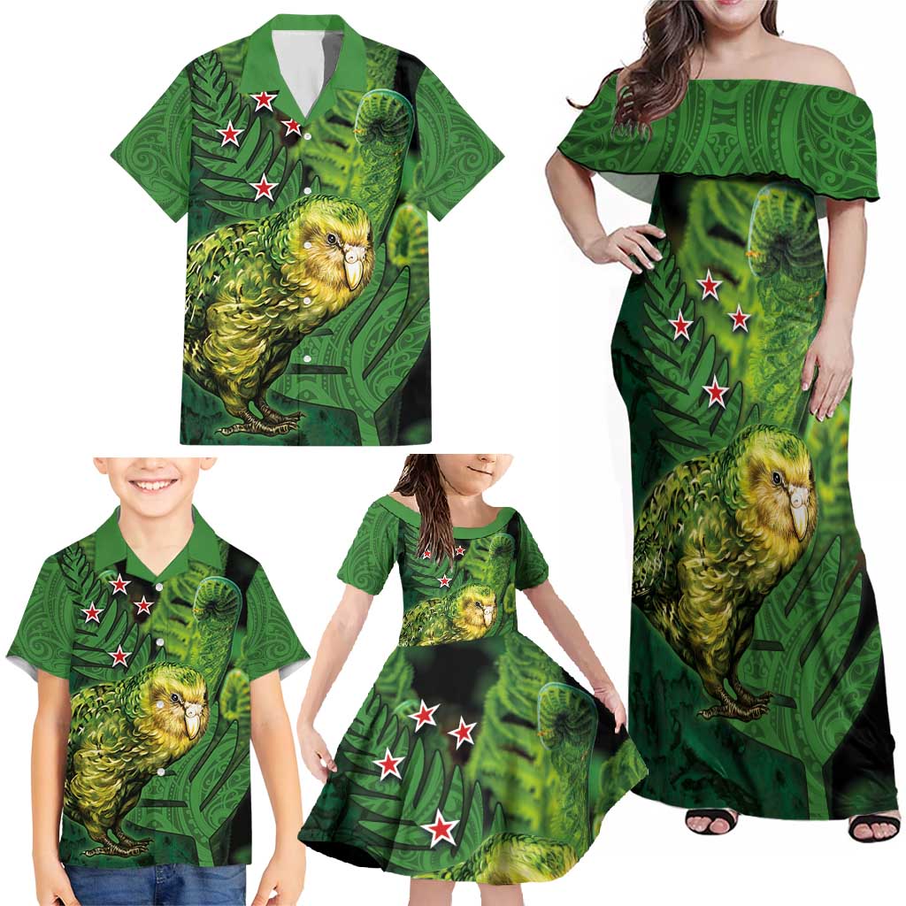 New Zealand Kākāpō Family Matching Off Shoulder Maxi Dress and Hawaiian Shirt Silver Fern with Close up of Green Fern Leaves and Maori Tattoo