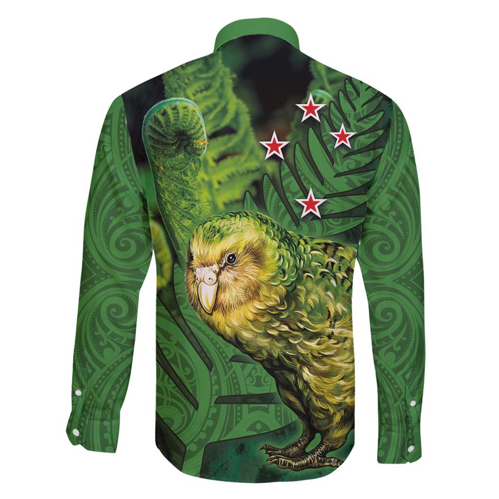 New Zealand Kākāpō Family Matching Off Shoulder Maxi Dress and Hawaiian Shirt Silver Fern with Close up of Green Fern Leaves and Maori Tattoo