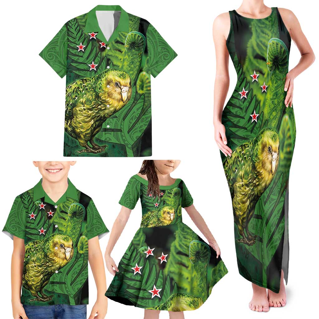 New Zealand Kākāpō Family Matching Tank Maxi Dress and Hawaiian Shirt Silver Fern with Close up of Green Fern Leaves and Maori Tattoo