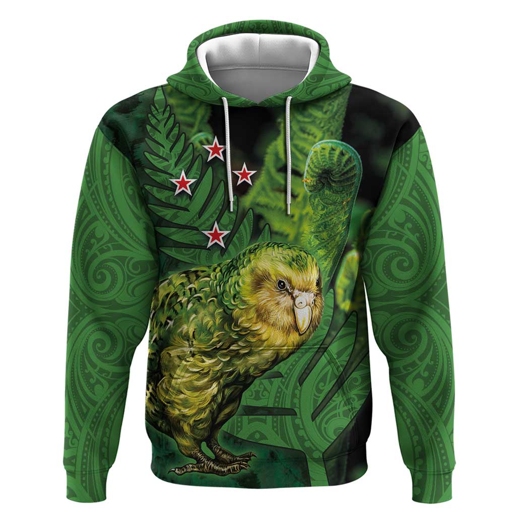 New Zealand Kākāpō Hoodie Silver Fern with Close up of Green Fern Leaves and Maori Tattoo