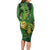 New Zealand Kākāpō Long Sleeve Bodycon Dress Silver Fern with Close up of Green Fern Leaves and Maori Tattoo