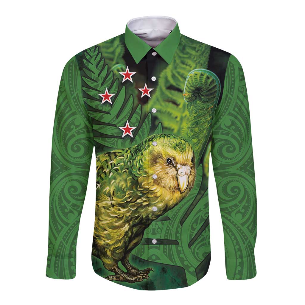 New Zealand Kākāpō Long Sleeve Button Shirt Silver Fern with Close up of Green Fern Leaves and Maori Tattoo