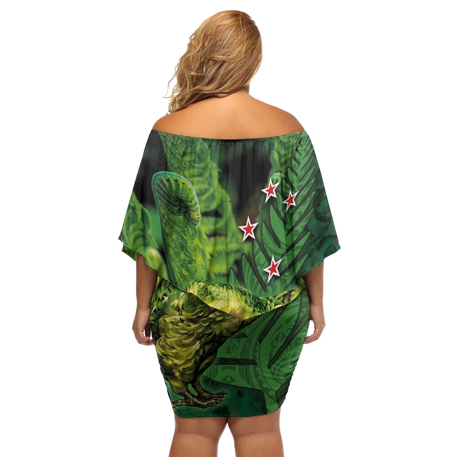 New Zealand Kākāpō Off Shoulder Short Dress Silver Fern with Close up of Green Fern Leaves and Maori Tattoo