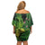 New Zealand Kākāpō Off Shoulder Short Dress Silver Fern with Close up of Green Fern Leaves and Maori Tattoo