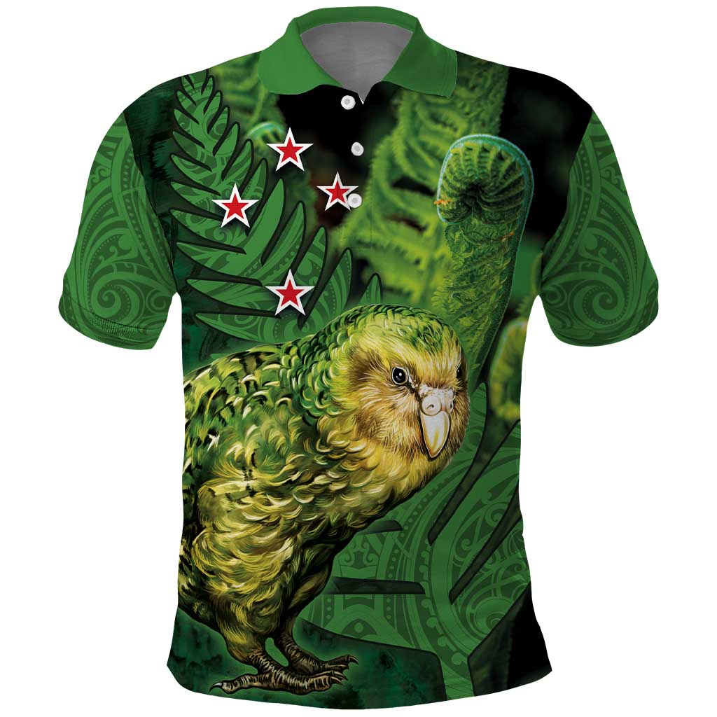 New Zealand Kākāpō Polo Shirt Silver Fern with Close up of Green Fern Leaves and Maori Tattoo