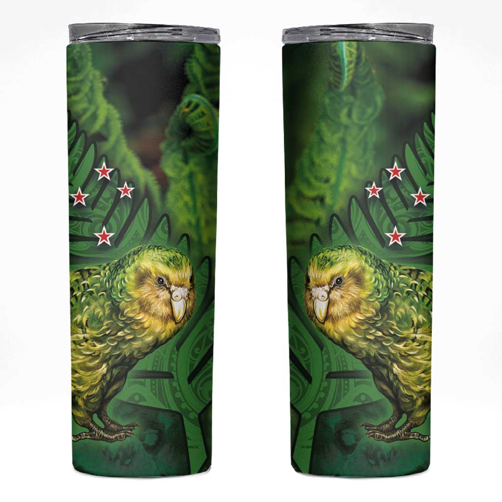 New Zealand Kākāpō Skinny Tumbler Silver Fern with Close up of Green Fern Leaves and Maori Tattoo