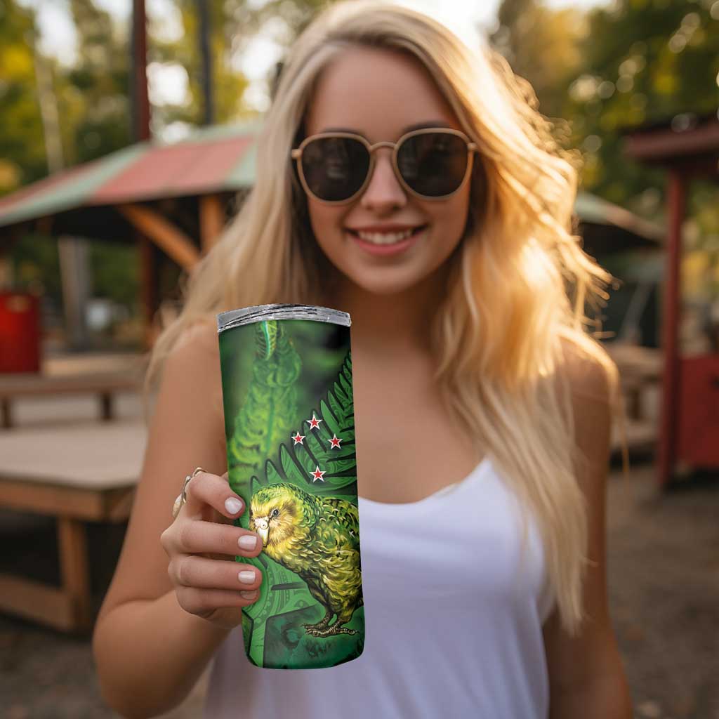 New Zealand Kākāpō Skinny Tumbler Silver Fern with Close up of Green Fern Leaves and Maori Tattoo