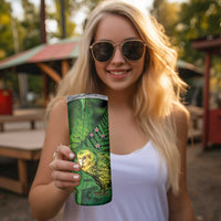 New Zealand Kākāpō Skinny Tumbler Silver Fern with Close up of Green Fern Leaves and Maori Tattoo