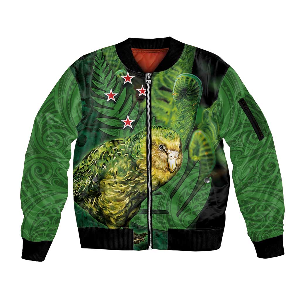 New Zealand Kākāpō Sleeve Zip Bomber Jacket Silver Fern with Close up of Green Fern Leaves and Maori Tattoo