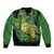 New Zealand Kākāpō Sleeve Zip Bomber Jacket Silver Fern with Close up of Green Fern Leaves and Maori Tattoo