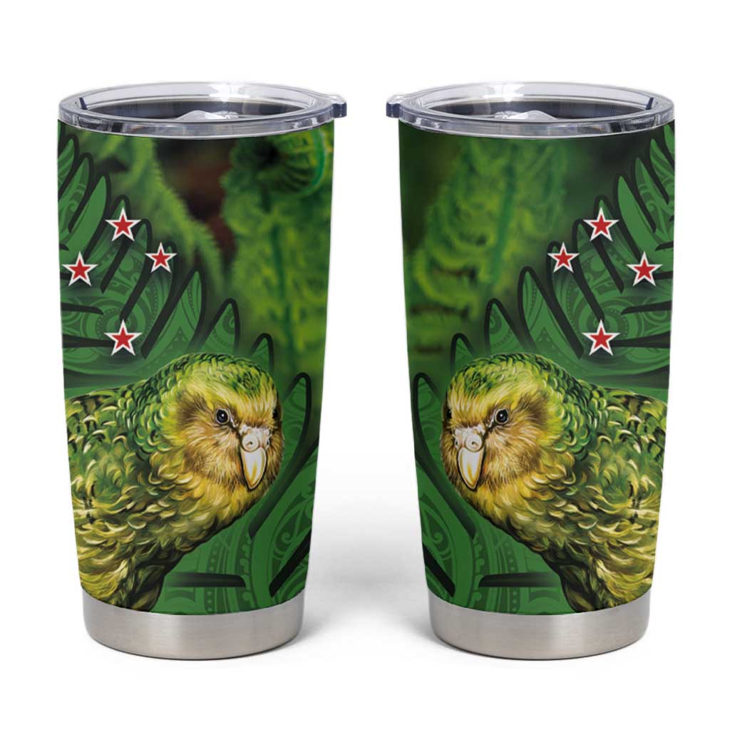 New Zealand Kkp Tumbler Cup Silver Fern with Close up of Green Fern Leaves and Maori Tattoo LT03 Green - Polynesian Pride