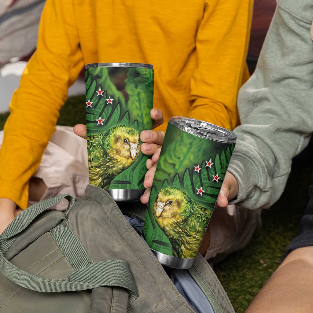 New Zealand Kākāpō Tumbler Cup Silver Fern with Close up of Green Fern Leaves and Maori Tattoo