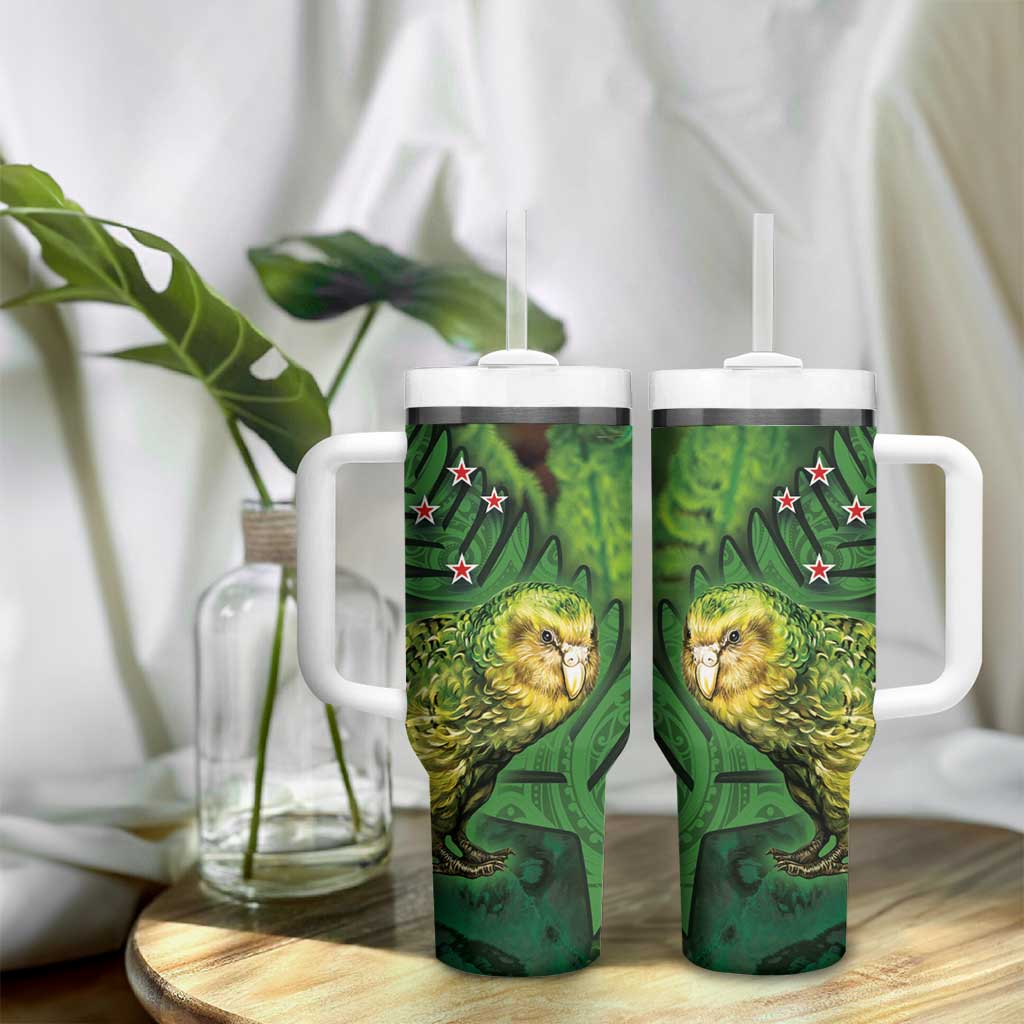 New Zealand Kākāpō Tumbler With Handle Silver Fern with Close up of Green Fern Leaves and Maori Tattoo