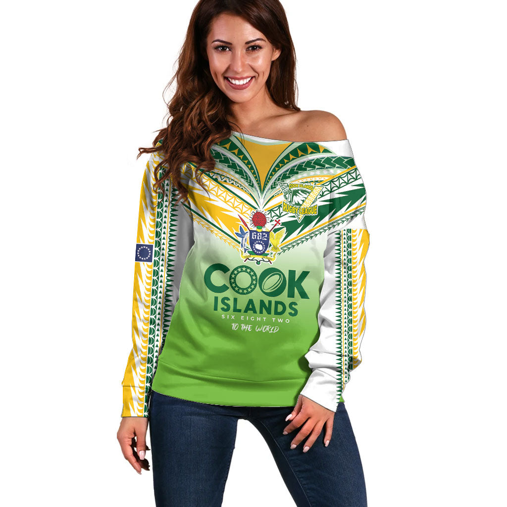 Cook Islands Rugby Off Shoulder Sweater Six Eight Two to The World - Tatau Tribal Motif