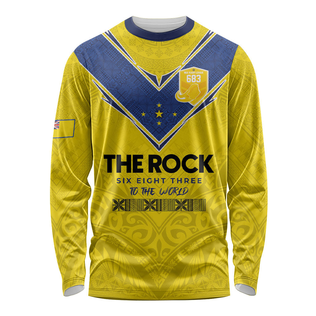 Niue Rugby Custom Long Sleeve Shirt Six Eight Three to The World - Hiapo Tribal Motif