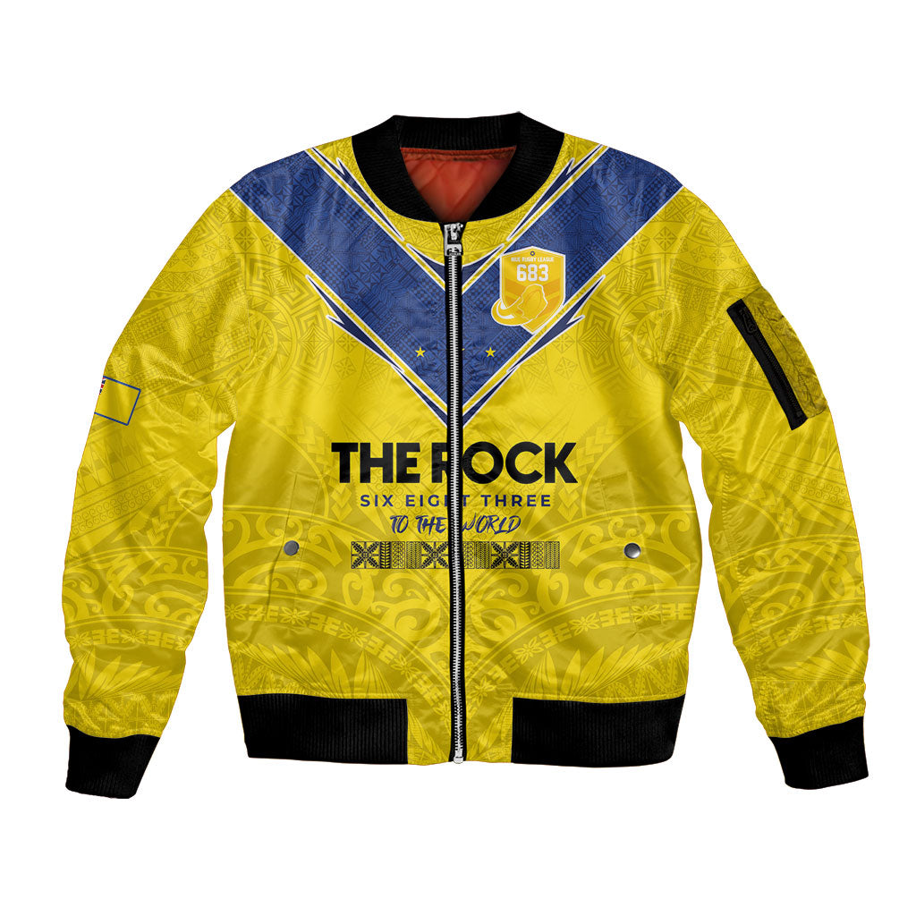 Niue Rugby Custom Sleeve Zip Bomber Jacket Six Eight Three to The World - Hiapo Tribal Motif