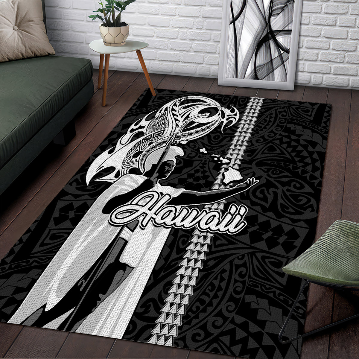 Hawaii Lanai Island Area Rug Hawaiian King and Kakau Symbols Abstract Shoulder Tattoo LT03 Black - Polynesian Pride