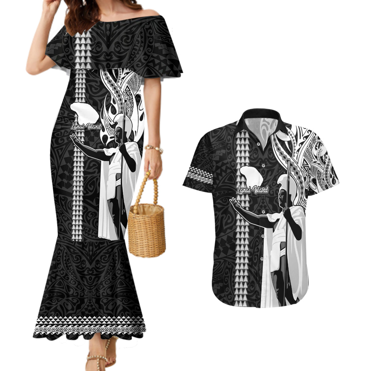 Hawaii Lanai Island Couples Matching Mermaid Dress and Hawaiian Shirt Hawaiian King and Kakau Symbols Abstract Shoulder Tattoo LT03 Black - Polynesian Pride