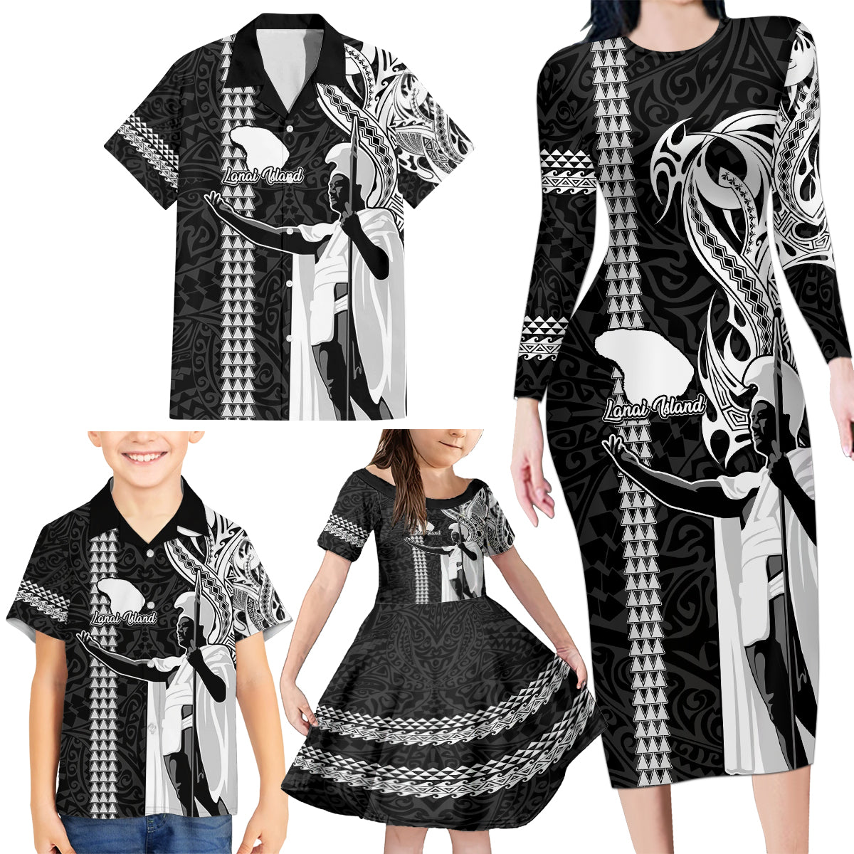 Hawaii Lanai Island Family Matching Long Sleeve Bodycon Dress and Hawaiian Shirt Hawaiian King and Kakau Symbols Abstract Shoulder Tattoo LT03 - Polynesian Pride