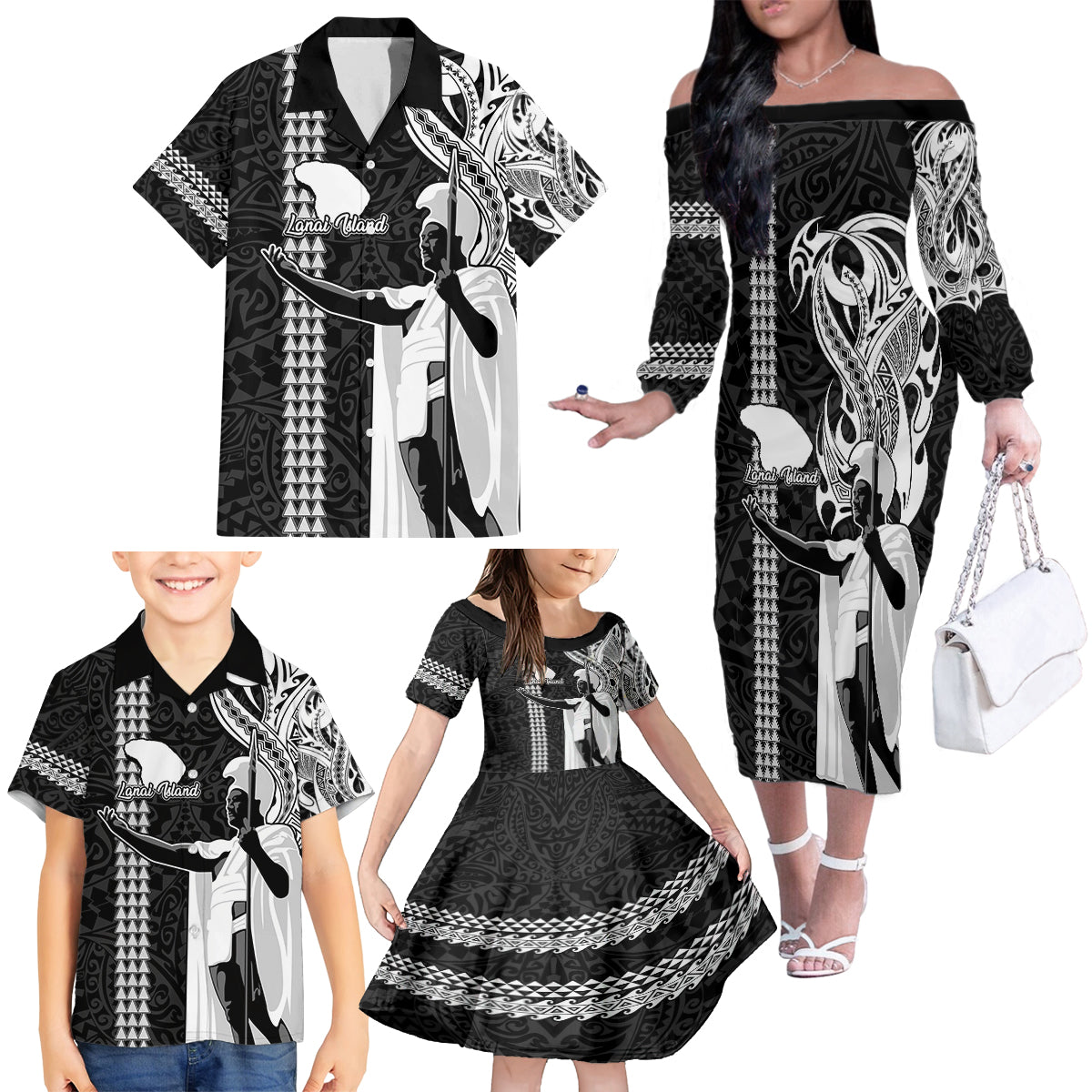 Hawaii Lanai Island Family Matching Off Shoulder Long Sleeve Dress and Hawaiian Shirt Hawaiian King and Kakau Symbols Abstract Shoulder Tattoo LT03 - Polynesian Pride