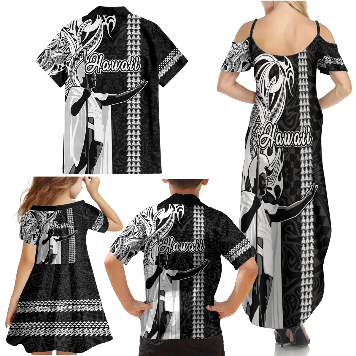 Hawaii Lanai Island Family Matching Summer Maxi Dress and Hawaiian Shirt Hawaiian King and Kakau Symbols Abstract Shoulder Tattoo LT03 - Polynesian Pride