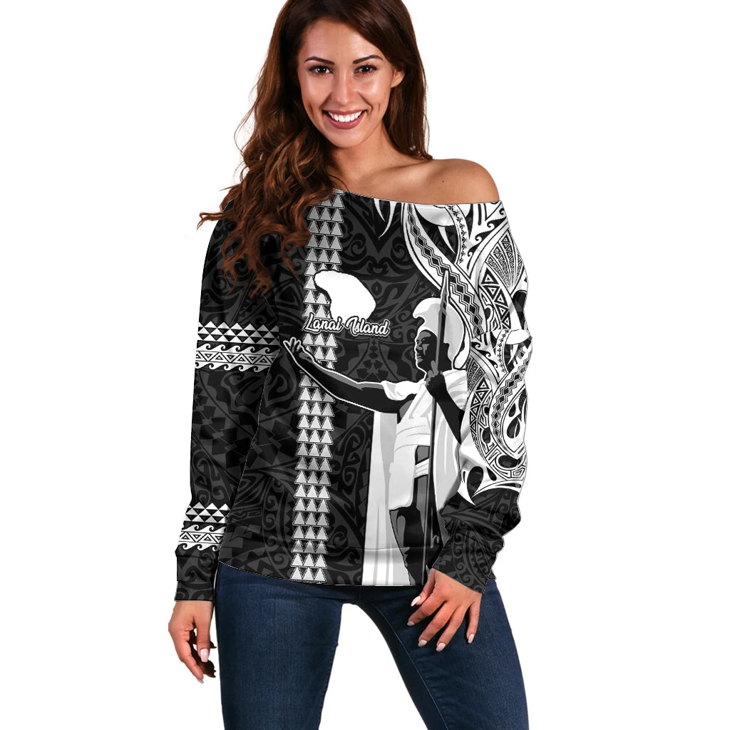 Hawaii Lanai Island Off Shoulder Sweater Hawaiian King and Kakau Symbols Abstract Shoulder Tattoo LT03 Women Black - Polynesian Pride