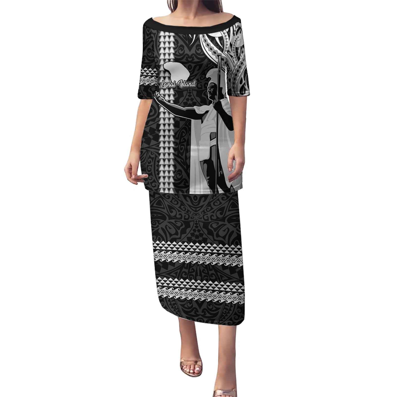 Hawaii Lanai Island Puletasi Hawaiian King and Kakau Symbols Abstract Shoulder Tattoo LT03 Long Dress Black - Polynesian Pride