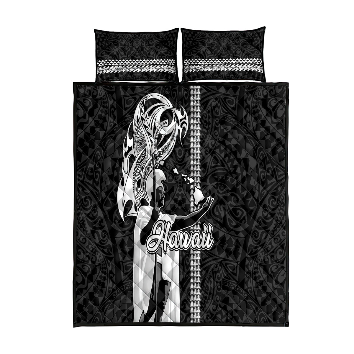 Hawaii Lanai Island Quilt Bed Set Hawaiian King and Kakau Symbols Abstract Shoulder Tattoo LT03 Black - Polynesian Pride