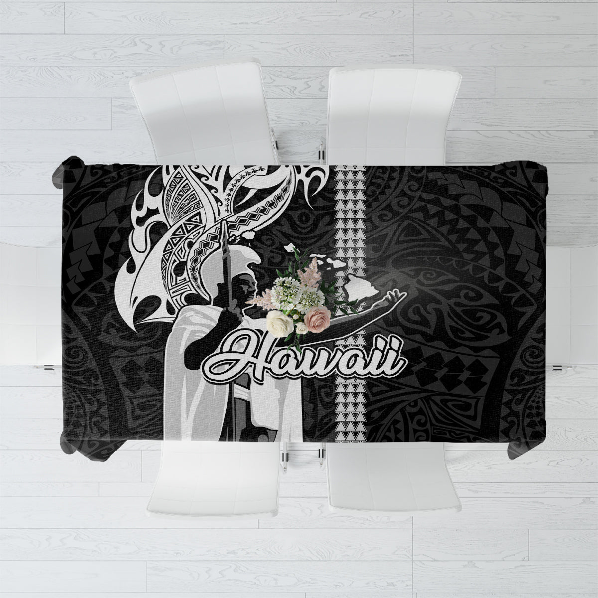 Hawaii Lanai Island Tablecloth Hawaiian King and Kakau Symbols Abstract Shoulder Tattoo LT03 Black - Polynesian Pride