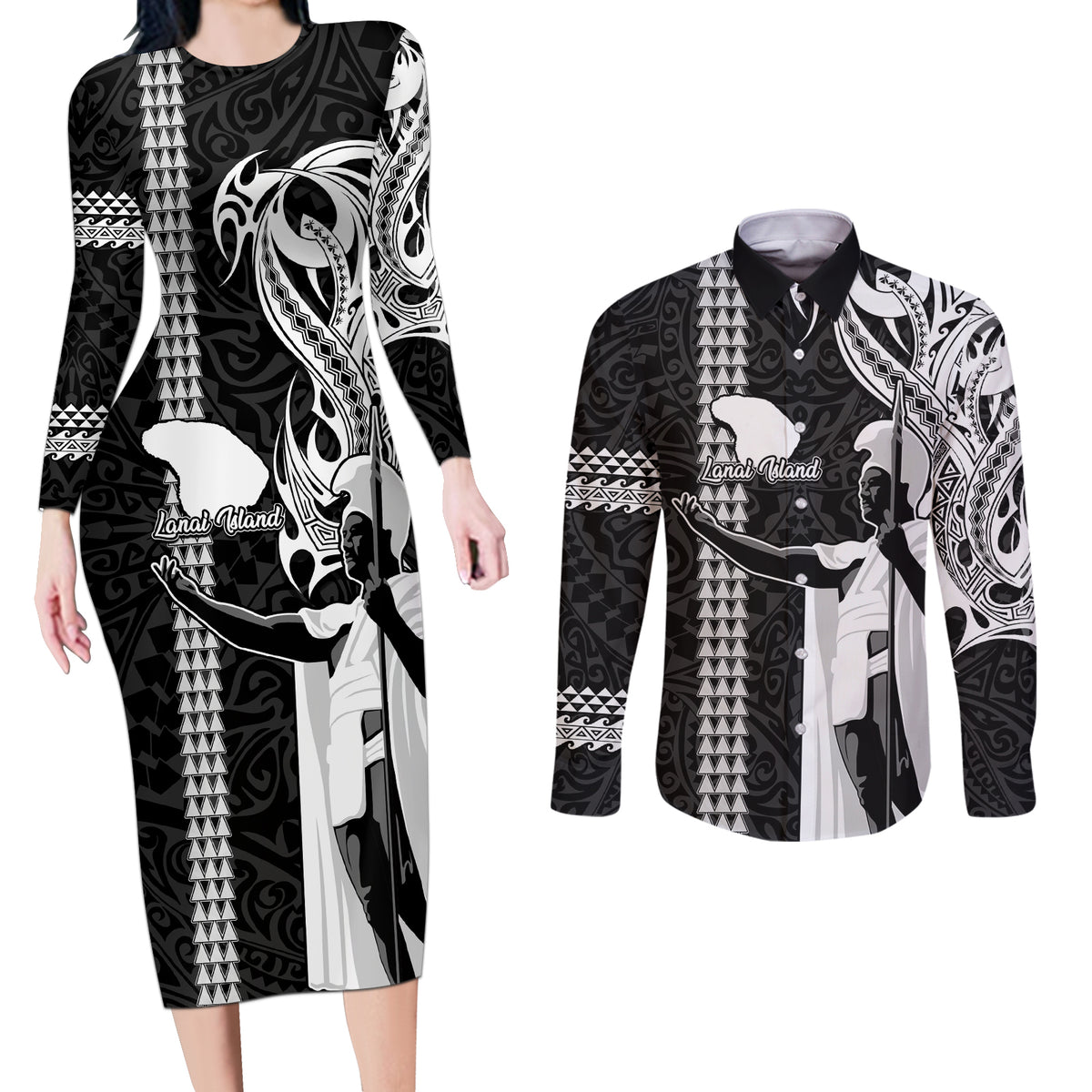 Custom Hawaii Lanai Island Couples Matching Long Sleeve Bodycon Dress and Long Sleeve Button Shirts Hawaiian King and Kakau Symbols Abstract Shoulder Tattoo LT03 Black - Polynesian Pride