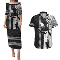 Custom Hawaii Lanai Island Couples Matching Puletasi Dress and Hawaiian Shirt Hawaiian King and Kakau Symbols Abstract Shoulder Tattoo LT03 Black - Polynesian Pride