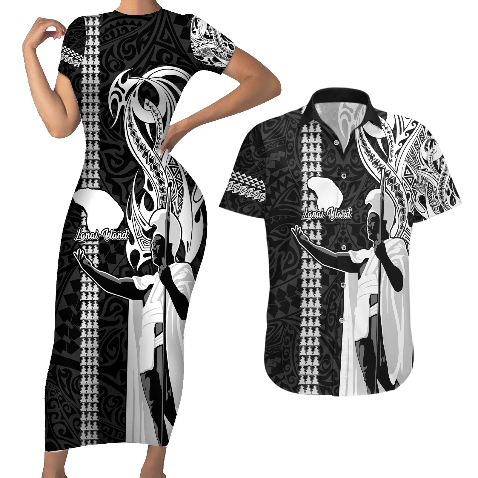 Custom Hawaii Lanai Island Couples Matching Short Sleeve Bodycon Dress and Hawaiian Shirt Hawaiian King and Kakau Symbols Abstract Shoulder Tattoo LT03 Black - Polynesian Pride