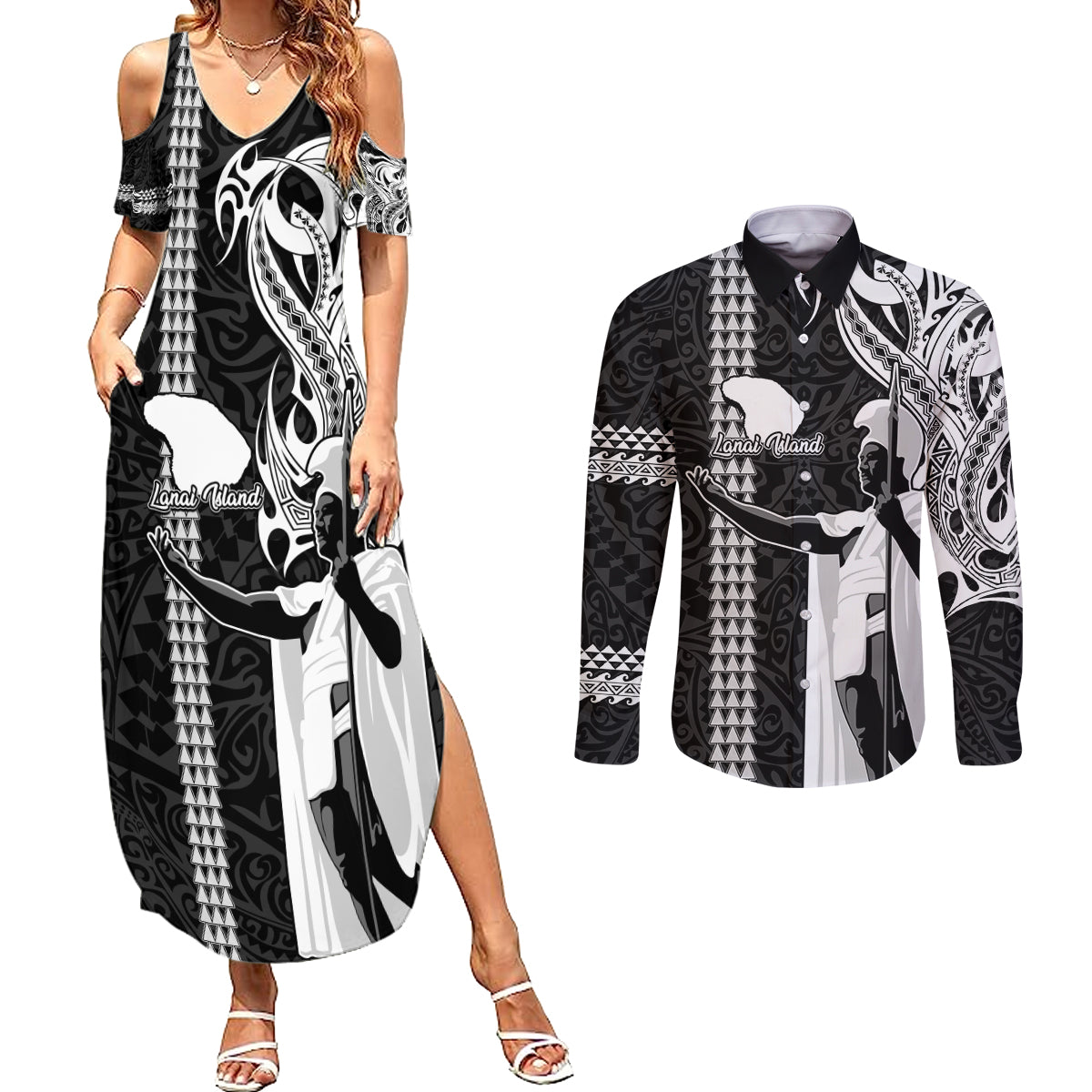 Custom Hawaii Lanai Island Couples Matching Summer Maxi Dress and Long Sleeve Button Shirts Hawaiian King and Kakau Symbols Abstract Shoulder Tattoo LT03 Black - Polynesian Pride