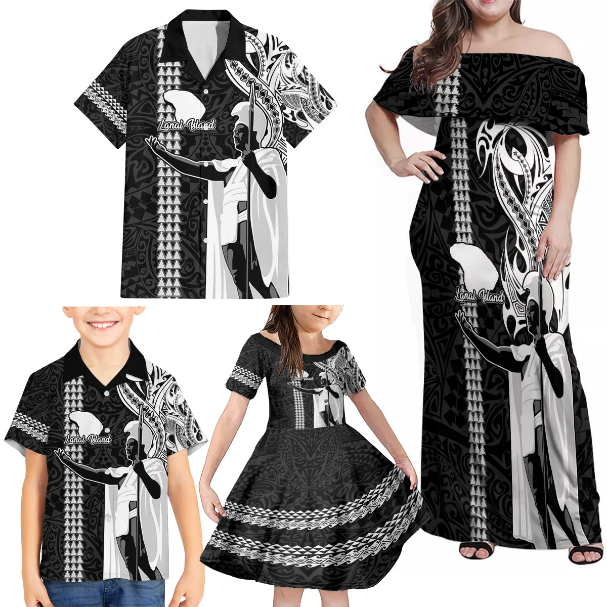 Custom Hawaii Lanai Island Family Matching Off Shoulder Maxi Dress and Hawaiian Shirt Hawaiian King and Kakau Symbols Abstract Shoulder Tattoo LT03 - Polynesian Pride