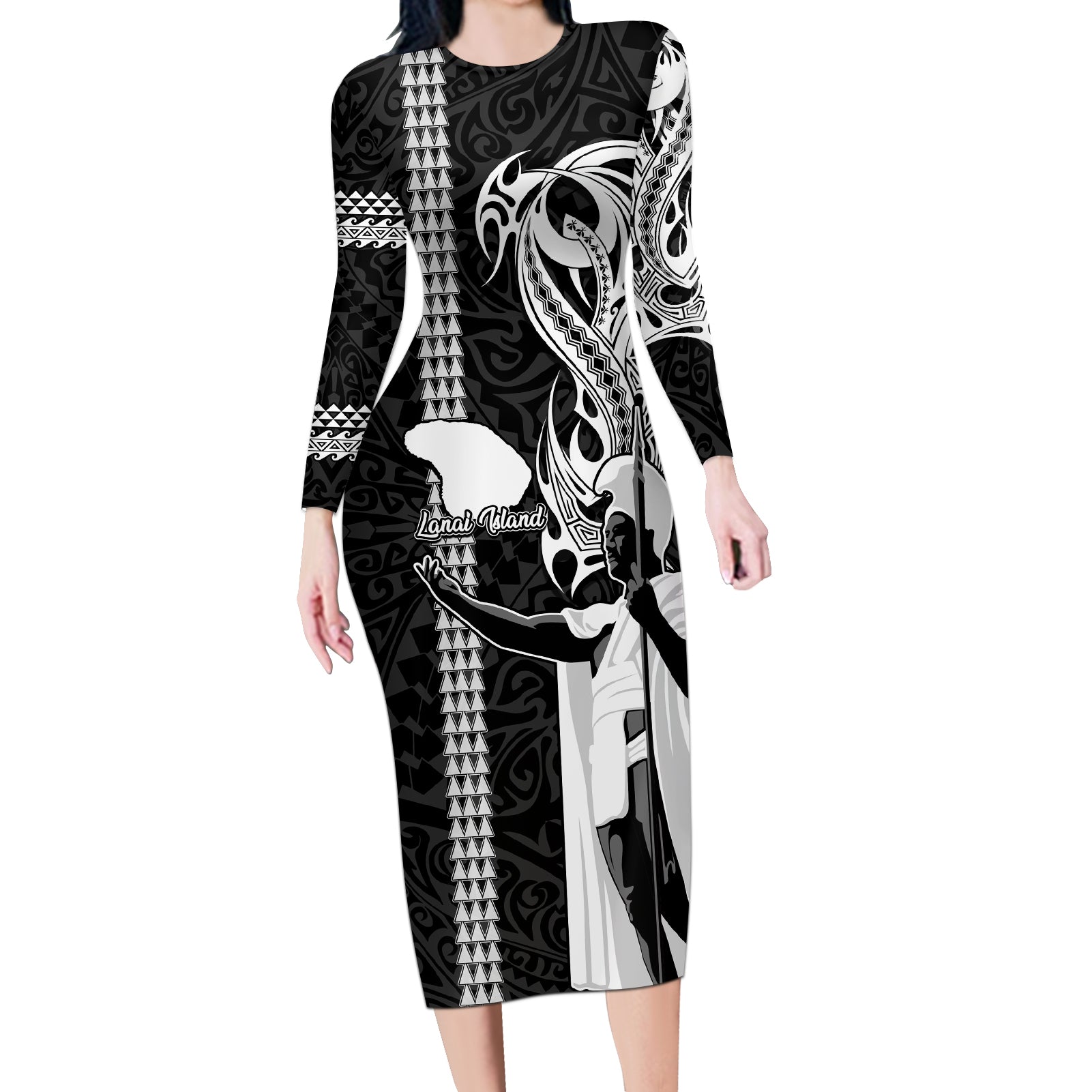 Custom Hawaii Lanai Island Long Sleeve Bodycon Dress Hawaiian King and Kakau Symbols Abstract Shoulder Tattoo LT03 Long Dress Black - Polynesian Pride