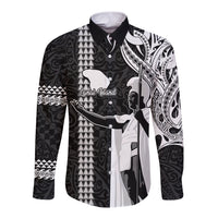 Custom Hawaii Lanai Island Long Sleeve Button Shirt Hawaiian King and Kakau Symbols Abstract Shoulder Tattoo LT03 Unisex Black - Polynesian Pride