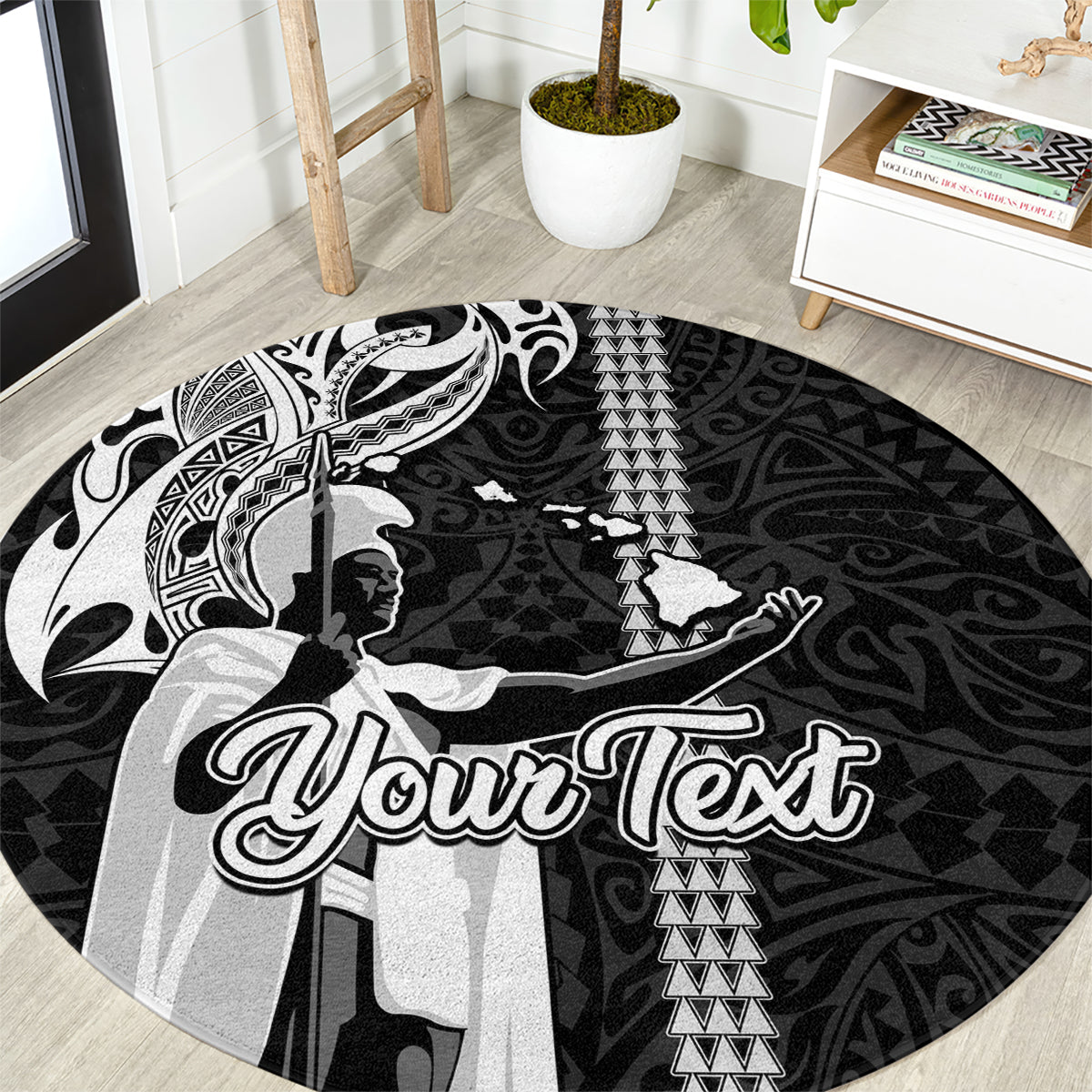 Custom Hawaii Lanai Island Round Carpet Hawaiian King and Kakau Symbols Abstract Shoulder Tattoo LT03 Black - Polynesian Pride