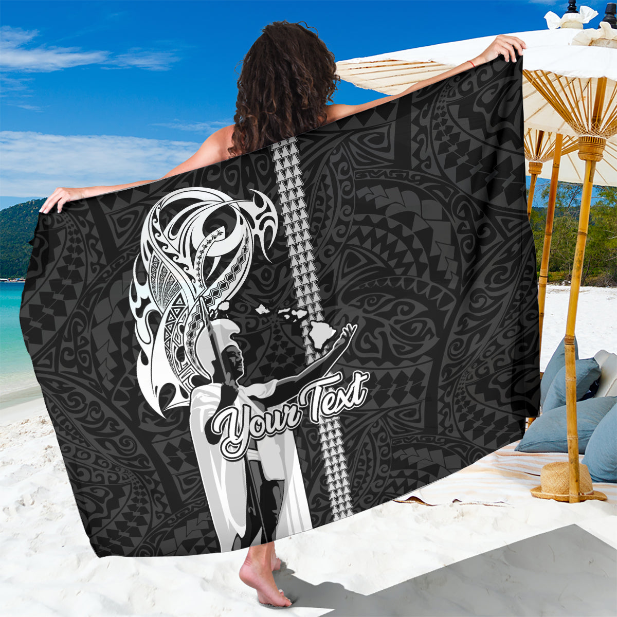 Custom Hawaii Lanai Island Sarong Hawaiian King and Kakau Symbols Abstract Shoulder Tattoo LT03 One Size 44 x 66 inches Black - Polynesian Pride