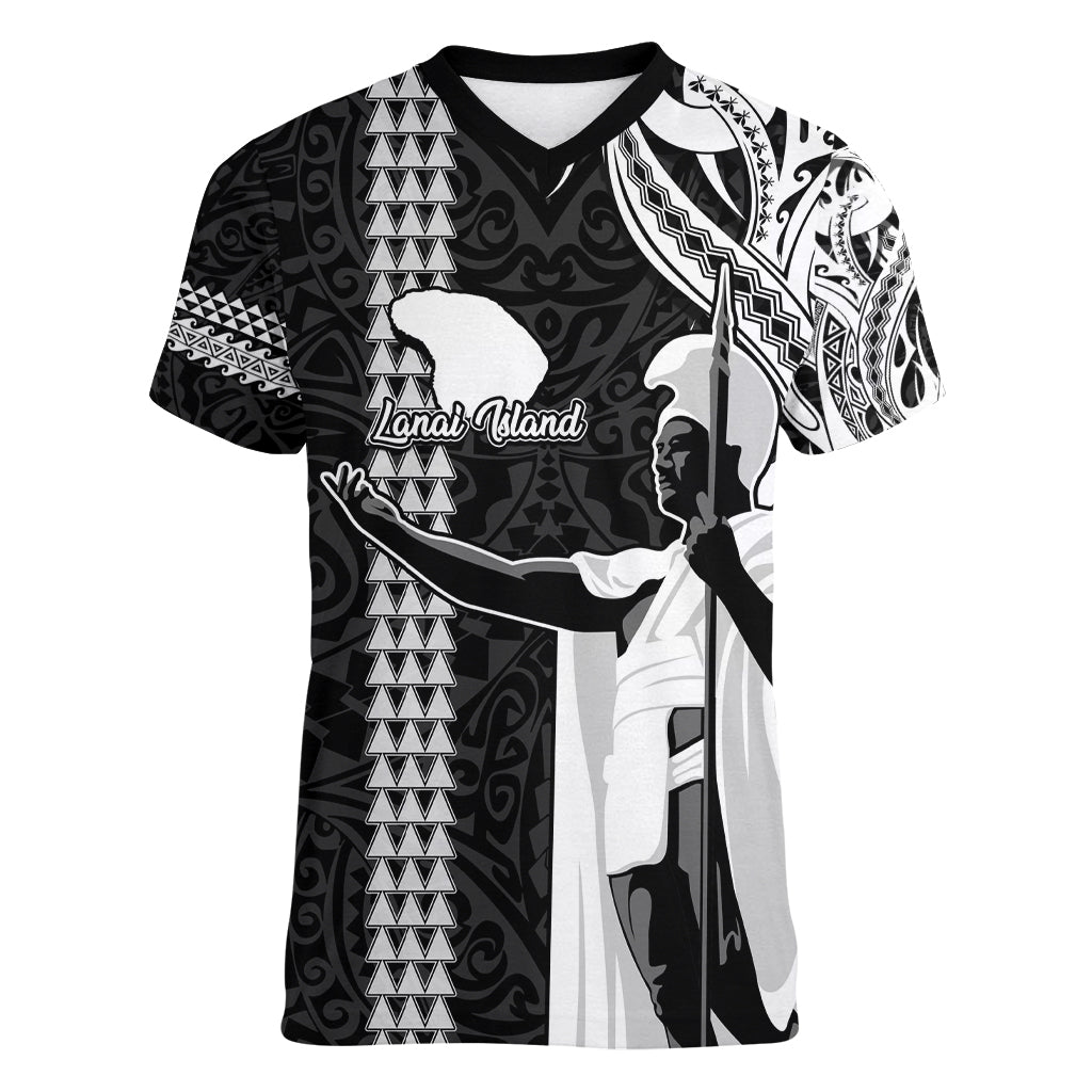 Custom Hawaii Lanai Island Women V Neck T Shirt Hawaiian King and Kakau Symbols Abstract Shoulder Tattoo LT03 Female Black - Polynesian Pride