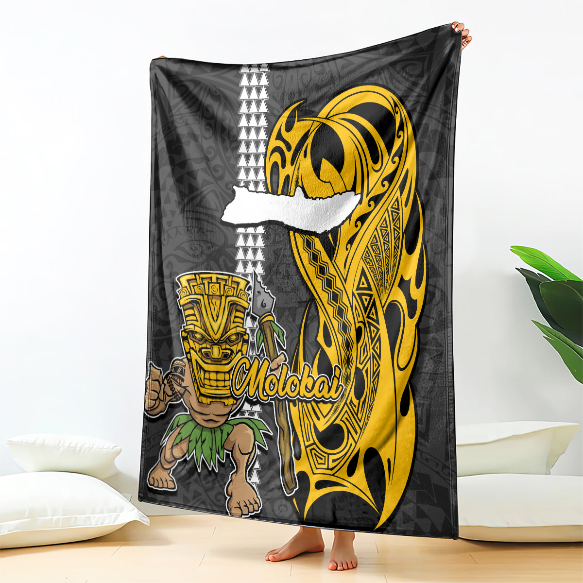 Hawaii Molokai Island Blanket Hawaiian Warrior and Kakau Symbols Abstract Tattoo LT03 Yellow - Polynesian Pride