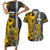 Hawaii Molokai Island Couples Matching Short Sleeve Bodycon Dress and Hawaiian Shirt Hawaiian Warrior and Kakau Symbols Abstract Tattoo LT03 Yellow - Polynesian Pride