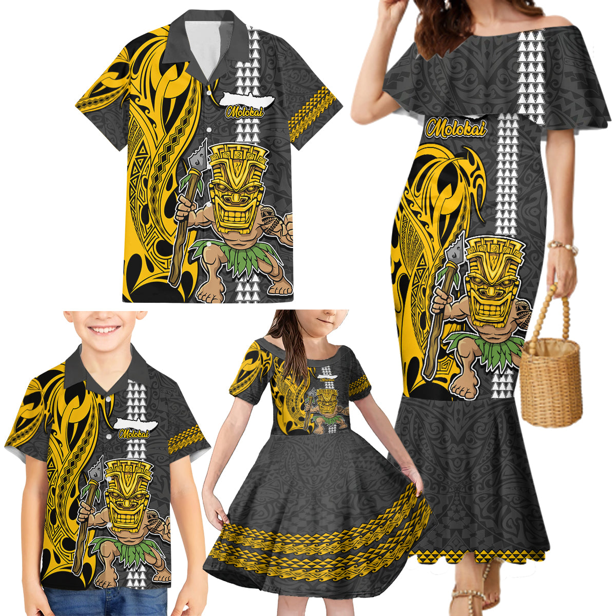 Hawaii Molokai Island Family Matching Mermaid Dress and Hawaiian Shirt Hawaiian Warrior and Kakau Symbols Abstract Tattoo LT03 - Polynesian Pride